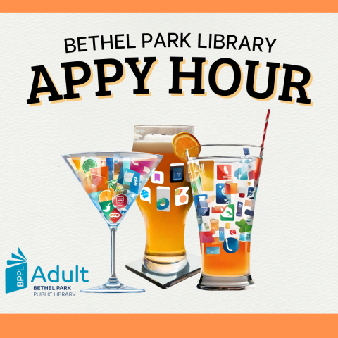 Bethel Park Library- "Appy Hour" with 3 cocktail glasses with app icons floating in them.